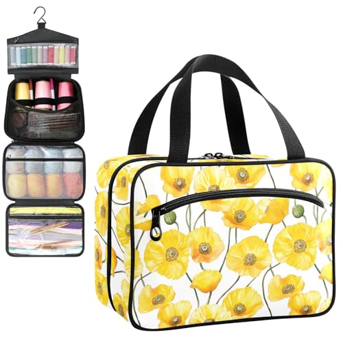 YNNALE Sewing Supply Organizer Bag, Yellow Poppy Flower with Green Stem Portable Sewing Bags with Pockets&Hanger, Sewing Storage Box Case for Sew Supplies/Kit/Tools/Accessories (BAG ONLY)