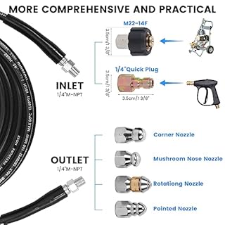 100FT Sewer Jetter Kit for Pressure Washer, 5800 PSI Water Jet Drain Cleaner Hose Corner Rotating Button Nose Sewer Jetting Nozzle 1/4 Inch NPT, Sewer Jetter Nozzles Kit with Spanner Handle Strap