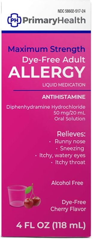 Primary Health Maximum Strength Dye-Free Adult Allergy Diphenhydramine 50mg/20mL, 4 Oz.