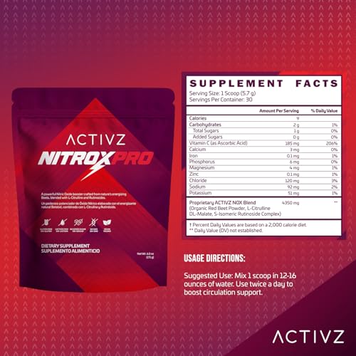 Image of ACTIVZ NitroxPro Drink Powder - Beets, L-Citrulline, Rutinosides, CyLoc Dextrin & DexKey for Nitric Oxide, Cardiovascular Support, 6.0 oz (171g)