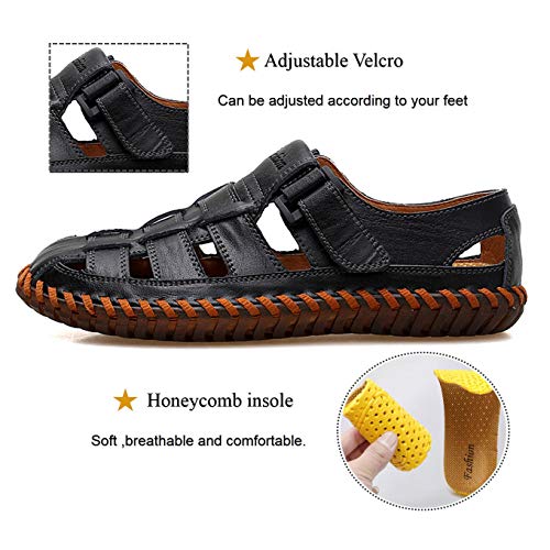 Qiucdzi Mens Sport Sandals Breathable Outdoor Fisherman Shoes Adjustable Closed Toe Summer Leather Loafters Black