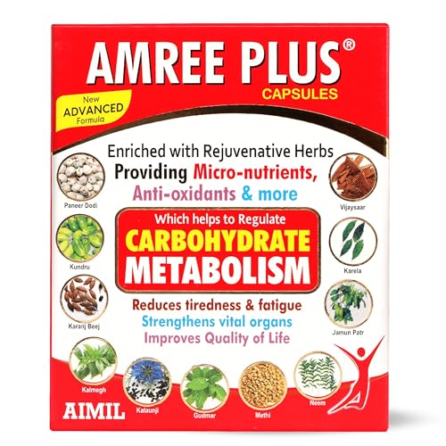 Image of AIMIL Amree Plus Capsules - 20 Capsules | Ayurvedic Nutrient Supplement for Carbohydrate and Lipid Support | Natural Herbal Formula with Gudmar & Karela to Help Manage Tiredness & Fatigue (Pack of 1)