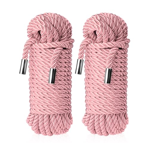 Soft Silk Rope - Skin-Friendly Shiny Colored Nylon Binding Tying Ropes Durable Multi-Purpose Satin Braided Twisted Decorative Cord Thickness 8MM Each 32-Foot Long (2 Pink)