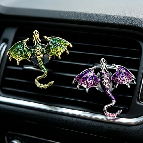 Image of 2 Pcs Bling Dragon Car Air Freshener Vent Clips, Crystal Rhinestone and Enamel Dragon Air Vent Clips Car Diffuser Cute Car Interior Decoration Accessories for Women Gift (Green Purple)