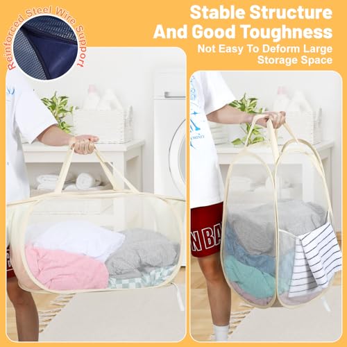WUFANC Pop Up Wäschekorb Faltbar 2 Stück aus Netzmaterial (36 * 36 * 58cm) mit Henkel für Badezimmer, Camping, College Dorm und Reisen, Zusammenklappbarer Korb für schmutzige Wäsche (Beige)