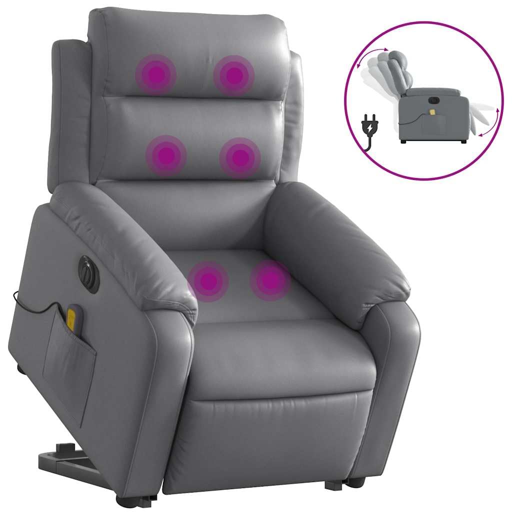 Sillón elevador eléctrico reclinable con masaje por vibración, gris de piel sintética, 6 puntos de masaje, función elevación e inclinación 135°, estructura estable,