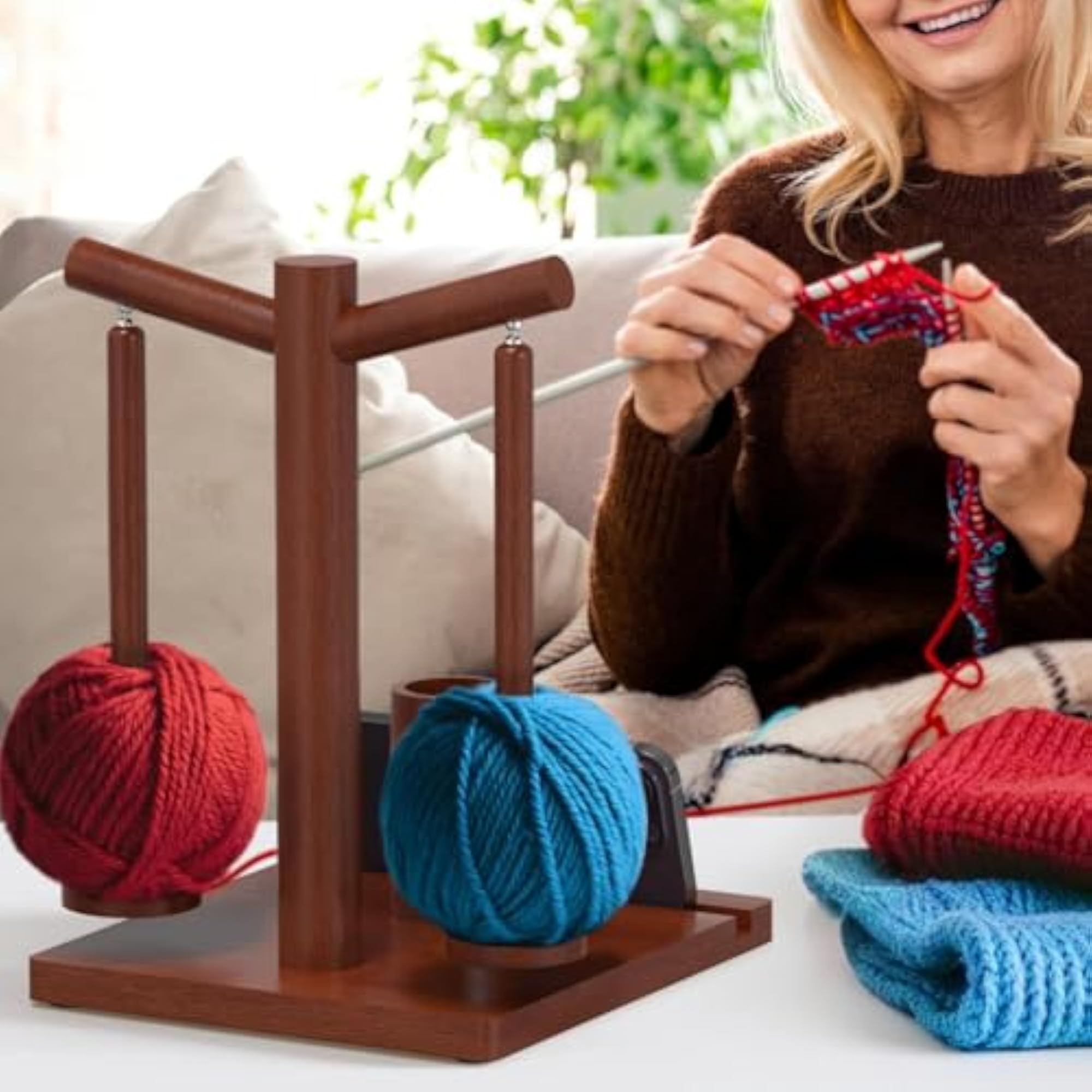 Rotatable Wooden Yarn Holder with Mobile Phone Base