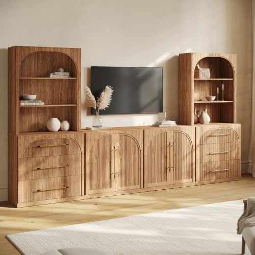 Image of BELLEZE Jagger 130 inch Wall Unit 6-Piece Modular TV Stand - Camel