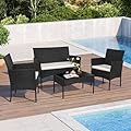 Shintenchi 4 Piece Outdoor Patio Furniture Sets, Small Wicker Patio Conversation Furniture Rattan Chair Set with Tempered Glass Coffee Table for Backyard Porch Garden Poolside Balcony