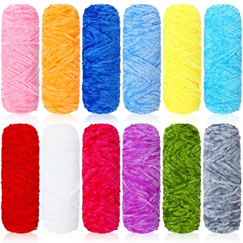 Timgle 12 Skeins 3 mm Soft Chenille Yarn 1312 Yards Velvet Blanket Thick Fluffy Plush Yarn for Crocheting Hand Knitting Weaving Sweater Shawl Scarf Gloves DIY Craft, 109 Yards Each(Bright Color)