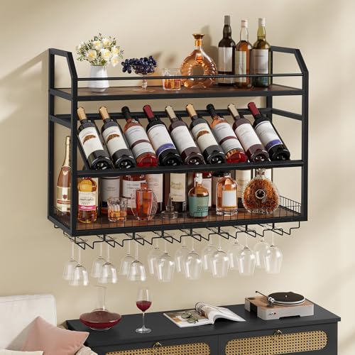 Image of Hoctieon Wall Mounted Wine Rack, 31.5 inch Wall Wine Rack for Display and Storage, Hanging Bottle Holder, for Living Room, Dining Room, Bar, Wine Cellar, Rustic Brown