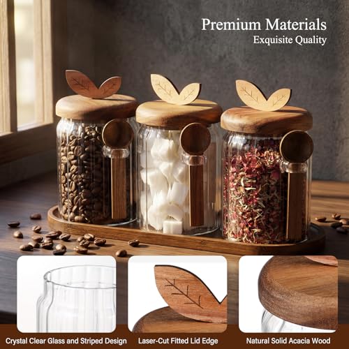 Remerry 3 Pcs Coffee Bar Accessories Set 20 oz Glass Sugar Storage Jars with Wooden Lids Spoons Bamboo Tray Coffee Bar Jars for Sugar Tea and Candy Jar Kitchen Decor by Remerry - Image 5