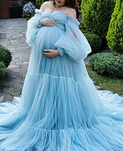Toreque Long Sleeve Tulle Maternity Robe Bridal Dress For Photoshoot Sweetheart Neck Off Shoulder Pregnancy Nightgown Gowns Royal Blue S-M #TOP1