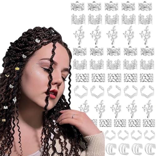 60 PCS Hair Jewelry for Braids Gold Braid Clips Style Dreadlock Jewelry Metal Braids Accessories Hair Decoration for Women (Silver)