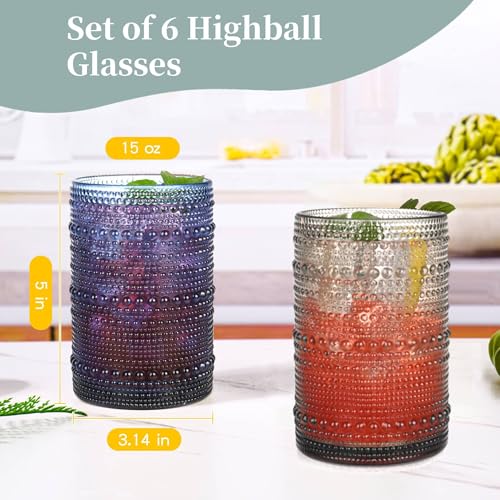 image for JPPSUJJ Colored Hobnail Drinking Glasses Set of 6,15 oz Vintage Highba
