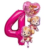 Helden auf vier Pfoten Geburtstags Set + Riesenzahl 1-8 Folienballon Luftballon Hunde Team 1 2 3 4 5 6 7 8 Zahl Hund Kindergeburtstag Deko Dekoration Mottoparty Rosa Party Herz Ballon Girls (Zahl 4)