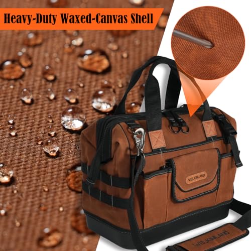 WELKINLAND 22-Pockets Hard Bottom Tool Bag, 14-Inch Waxed Canvas Tools Bag, 25L Heavy Duty Electrician Bags, HVAC Service Bags, Mechanic, Technician Tool Bag