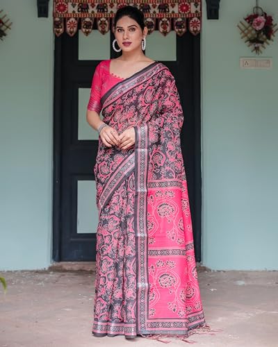 Image of Kaugalian store Linen Cotton Floral Printed Saree for Women with Unstitched Blouse Piece | 5.5 M Saree & 0.8 M Blouse