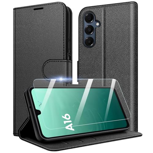 New&Teck - Funda para Samsung Galaxy A16 4G y 5G, [Cierre magnético con Solapa], [Funda de Piel sintética], [Multifuncional] + 1 [Vidrio Templado de protección] (Negro)