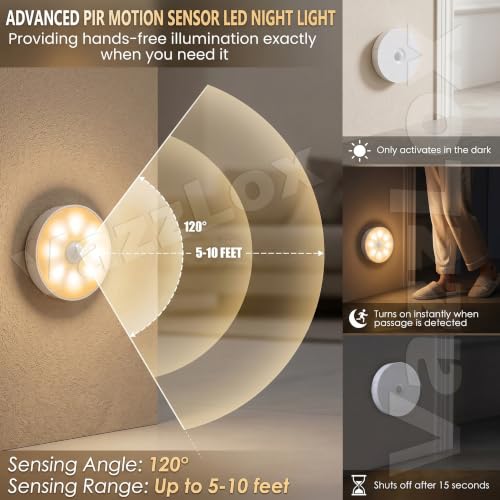 Image of VazzLox Motion Sensor LED Light (Warm | Pack of 4) Wireless USB Rechargeable Self-Adhesive Motion Sensor Light for Home Indoor Auto On /Off Cabinet Light Wardrobe Lights with Sensor Stairs Night Light