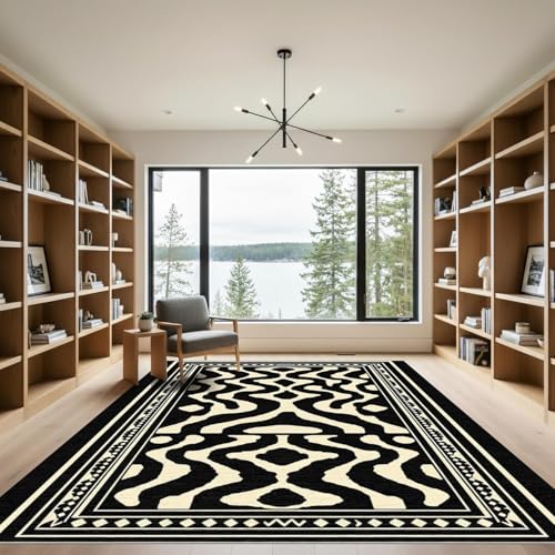 Tapis salon 80x160cm moderne géométrique noir lavable et antidérapant