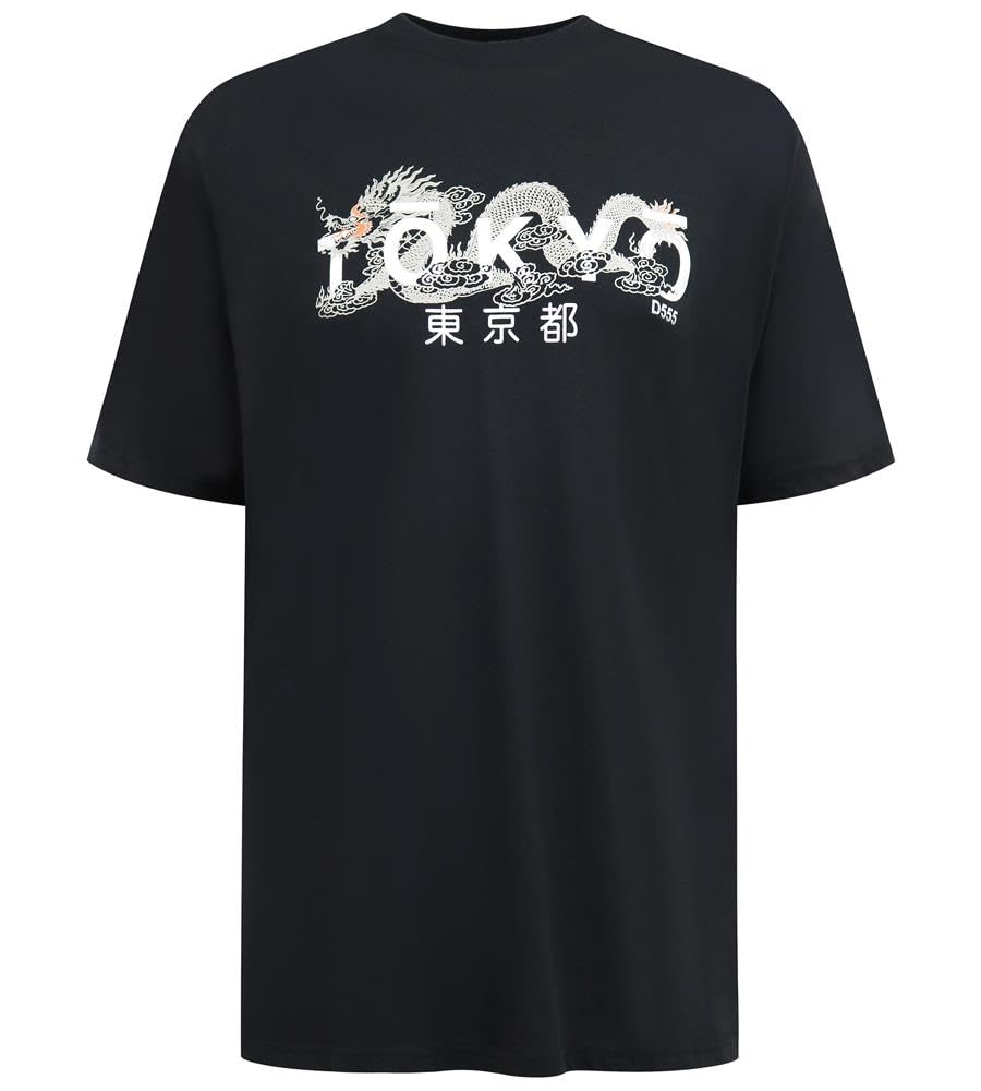 D555 Men's Black T Shirt Tokyo Print Short Sleeve Crew Neck Top Plus Size 2XL-6Xl Ginza (Uk, Alpha, Xxl, Plus, Regular, )