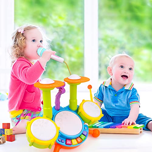 deAO Beginners Musical Table Top Drum Kit Play Set with Drum Sticks, Microphone, Light Features, Interactive Music and Sounds for Babies Kids and Toddlers - Image 4