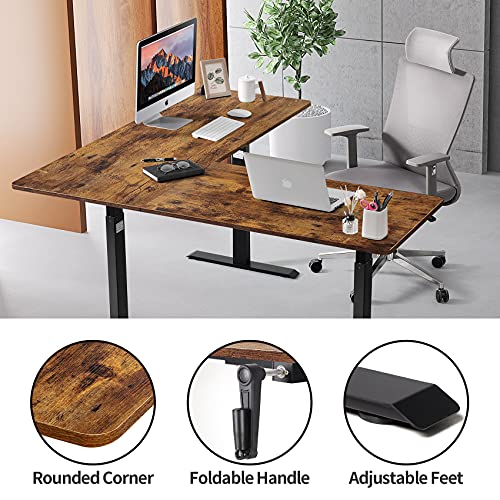 Unicoo – L Shaped Crank Height Adjustable Standing Desk, Sit To Stand Up Corner Desk, L-Shaped Standing Workstation (Black Frame/Rustic Brown Top- L Shape Crank) #TOP3