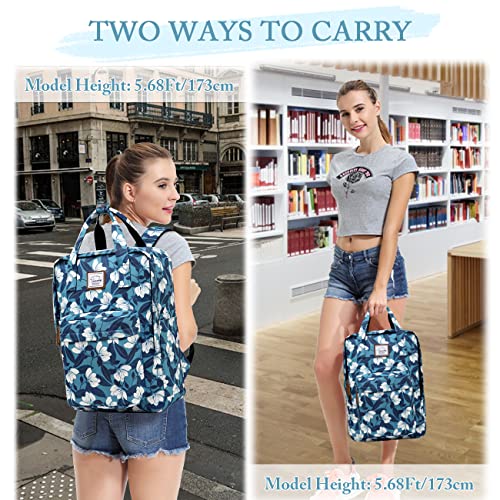 VASCHY Laptop Backpack Women, 15.6In Stylish College School Backpack Bookbag Daypack for Teacher/Teen Girls/Business/Travel, Blue Gardenia, Daypack Backpacks