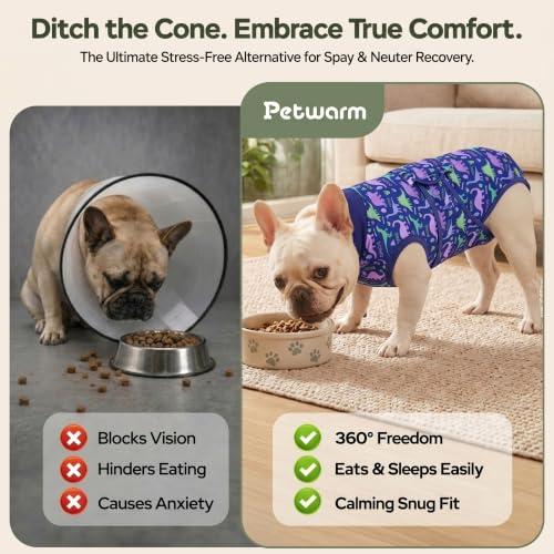 Image of PetWarm Surgery Recovery Suit Spay, Onesies for Dogs, Dog Cone Alternative After Surgery Substitute E-Collar and Cone Prevent Dog Onesies Pet Recovery Suit, Dinosaur Pattern, Blue Purple, XS