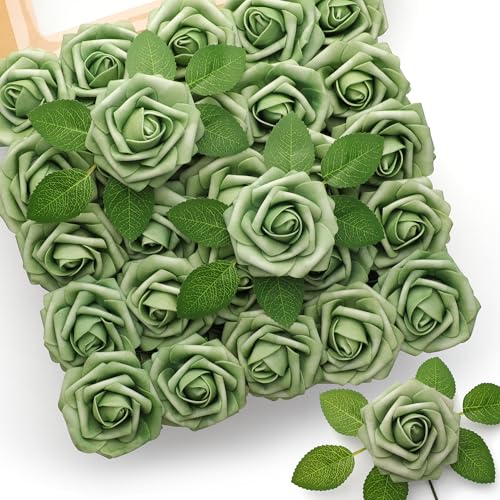 Mocoosy 50 Piezas de Flores de Rosas Artificiales Granel realistas de Espuma Falsa con Tallo para Ramos de Boda,centros de Mesa hogar decoración (Verde)