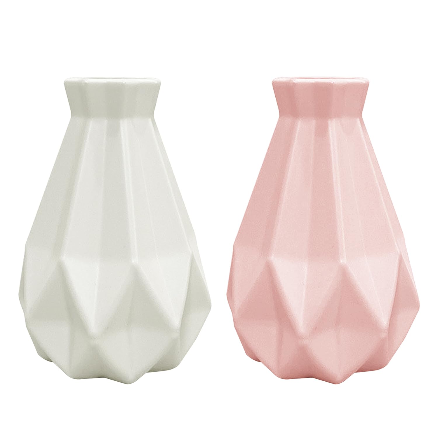 2 Irregular White and Geometric Pink Plastic Vases - Desk Ornaments, Creative Flower Arrangements Containers for Office Decoration