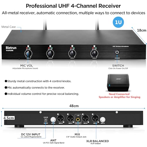 Image of Bietrun 4-Channel Wireless Microphones System with 4 Handheld Mics, UHF Metal Dynamic Cordless Mics for Karaoke, Singing, Church, Family Theater(Auto Connect /295FT Range /Fixed Frequency), Black