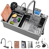 ZQFHSX Einbauspüle aus Edelstahl mit Wasserfallkante, 1 Becken, 700 x 450 mm, mit Überlauf und Siebeinsatz (80 x 50 cm) – Langlebige und stilvolle Küchenmodernisierung