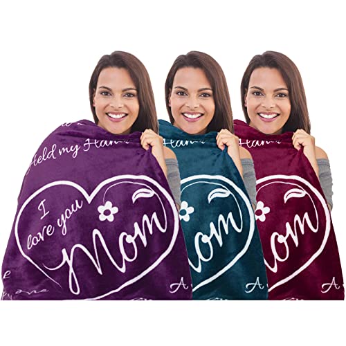 Buttertree 'I Love You Mom' Blankets, Throw Blankets 65" X 50" (3-Pack, Purple + Merlot Red + Coral Blue) #TOP7
