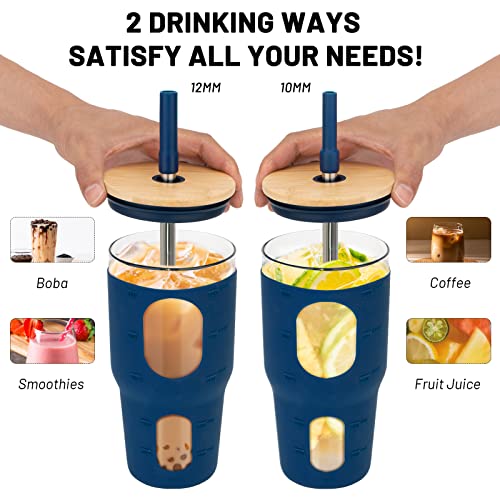 Tronco 32 Oz Glass Tumbler With Straw And Lid Reusable Drinking Cup With Time Marker,Iced Coffee Smoothie Bota Tea Tumblers With Silicone Sleeve,Boba Smoothie Cup,Fits Cup Holder, Bpa Free（Black ） #TOP3