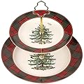 Spode Christmas Tree Tartan 2-Tiered Server, Holiday Cupcake Stand, Dessert Display Set, Earthenware Serving Platter, 10" & 8" Plates, Dishwasher Safe Serveware for Appetizers, Desserts, Cookies