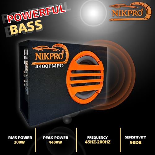 Image of NIKPRO Premium 8-Under Seat Subwoofer for Cars Active Bass Tube with 200 RMS Power and 4400 Watts Peak Built-in Amplifier for Deep Bass and Crystal Clear Audio in Sleek Black Design