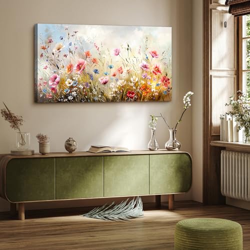 crmotu Large Wall Art for Living Room, Flower Market Botanical Prints, Floral Nature Decor Canvas Pictures, Meadow Wildflower Rustic Home Decorations, Modern Bedroom Farmhouse Wall Decor 24"X48"