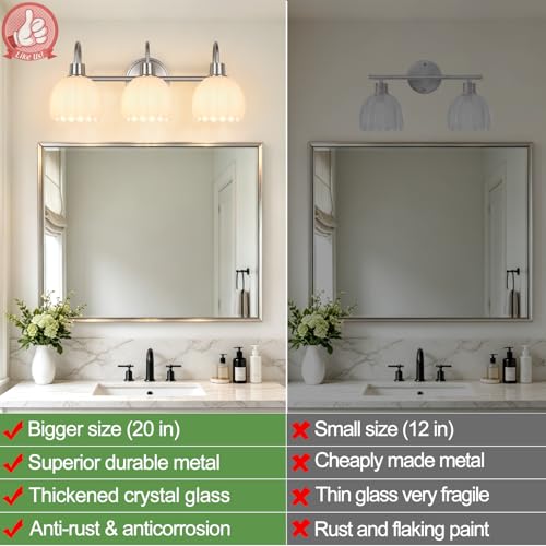 Image of Bathroom Light Fixtures, 3-Light Brushed Nickel Bathroom Vanity Light Over Mirror with White Tulip Glass Shades, Vanity Light Fixture for Bedroom, Living Room & Hallway (Bulbs Not Included)