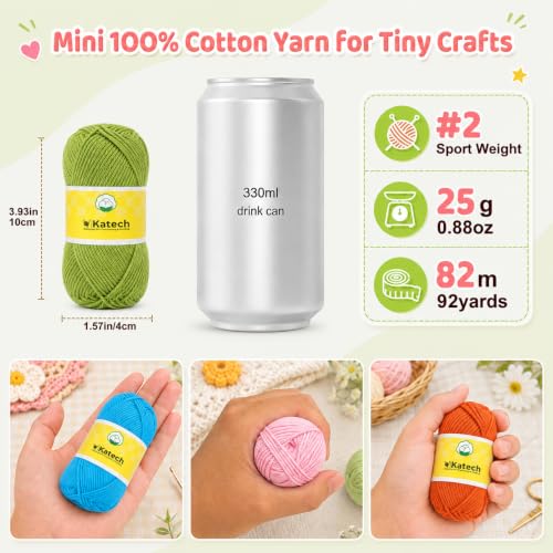 Image of Katech Mini 1OO% Cotton Yarn for Crocheting-20*25g /89yd, 2 Sport Baby Yarns | Super Soft-Multicolor Yarn Set for Knitting Baby Clothes, Rainbow Afghan, Small Projects-Starter Kit for Beginner & Crocheter