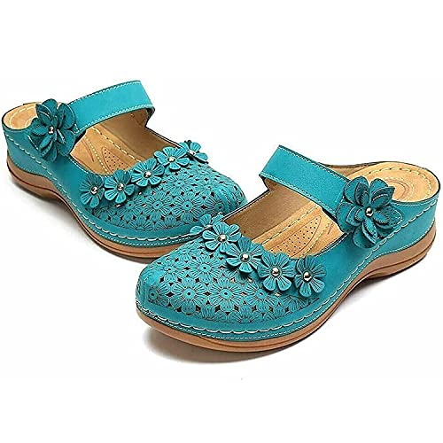 XBCDX Sandalias de cuña para Mujer Punta Cerrada Suave Ajuste Ancho Sandalias de Plataforma para Mujer Recorte de Flores Resbalón en Sandalis Zapatos de jardín Romano de Cuero Vintage de Cover