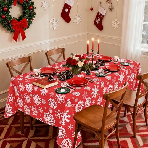 misaya Rectangle Waterproof Vinyl Table Cloth, Wipeable Tablecloth with Flannel Backing, Plastic Table Cover for Dinner, Christmas Party (Red Snowflake, 60" x 84") – Image 3