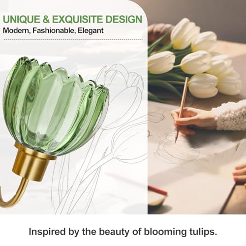 Image of 2-Light Bathroom Vanity Light, Brushed Gold Vanity Wall Light Over Mirror with Ribbed Green Tulip Glass Shade, Bathroom Light Fixtures for Bedroom, Living Room, Hallway