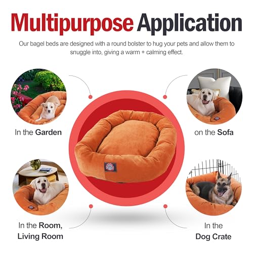 Image of Majestic Pet 32 Inch Micro Velvet Calming Dog Bed Washable - Cozy Soft Round Dog Bed with Spine for Head Support - Fluffy Donut Puppy Mat 32x23x7 (inch) Medium - Orange