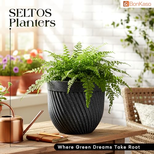 Image of Bonkaso 10 Inch Seltos Ribbed Planter for Indoor & Outdoor Use | Round Heavy Duty Polymer Flower Pot | Lightweight Weather Resistant Modern Gamla for Living Room Balcony & Terrace (Dark Grey)