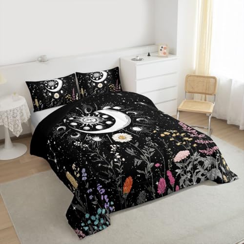Image of Feelyou Sun and Moon Decor Bedding Set Twin Size Girl Bohemian Comforter Sets Kids Boys Boho Exotic Style Black and White Cute Galaxy Stars Comforter Botanical Floral Plant Quilt Set with 1 Pillowcase