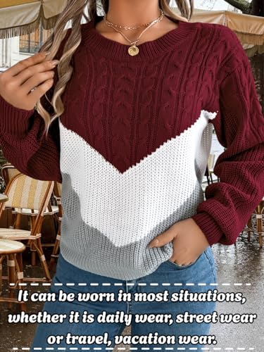 Women Fashion Cable Knit Sweater, Crochet Crewneck Pullover Striped Color Block Top, Trendy Fall Winter Daily Clothes4