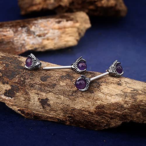 Oufer 14G Nipple Rings Dragon Claw With Natural Stone Nipple Piercing Jewelry 316L Stainless Steel Nipple For Women(Amethyst) #TOP3
