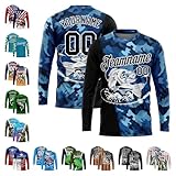 Custom Mens Fishing Shirts, Personalized Blue Camo and Black Two Tone Long Sleeve Performance T-Shirt with Fishing Graphic Tees, Team Sports Tees with Name Number for Company Club Print on Demand